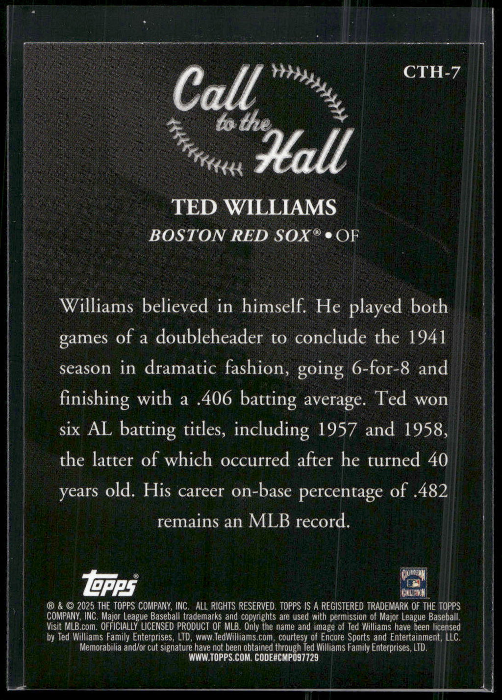 2025 Topps #CTH-7 Ted Williams Call to the Hall
