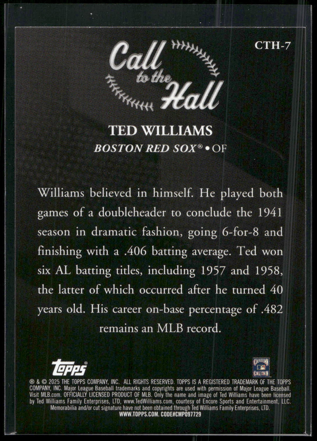 2025 Topps #CTH-7 Ted Williams Call to the Hall