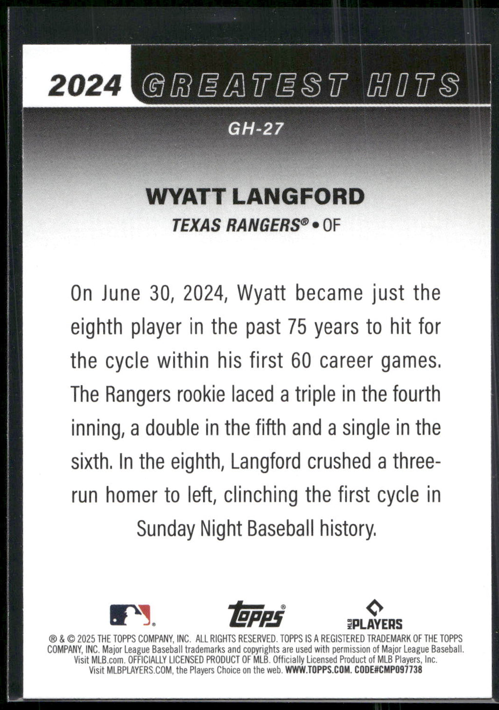 2025 Topps #GH-27 Wyatt Langford 2024 Greatest Hits