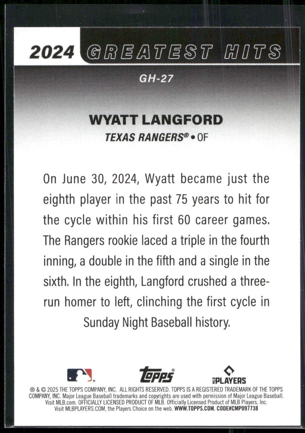 2025 Topps #GH-27 Wyatt Langford 2024 Greatest Hits