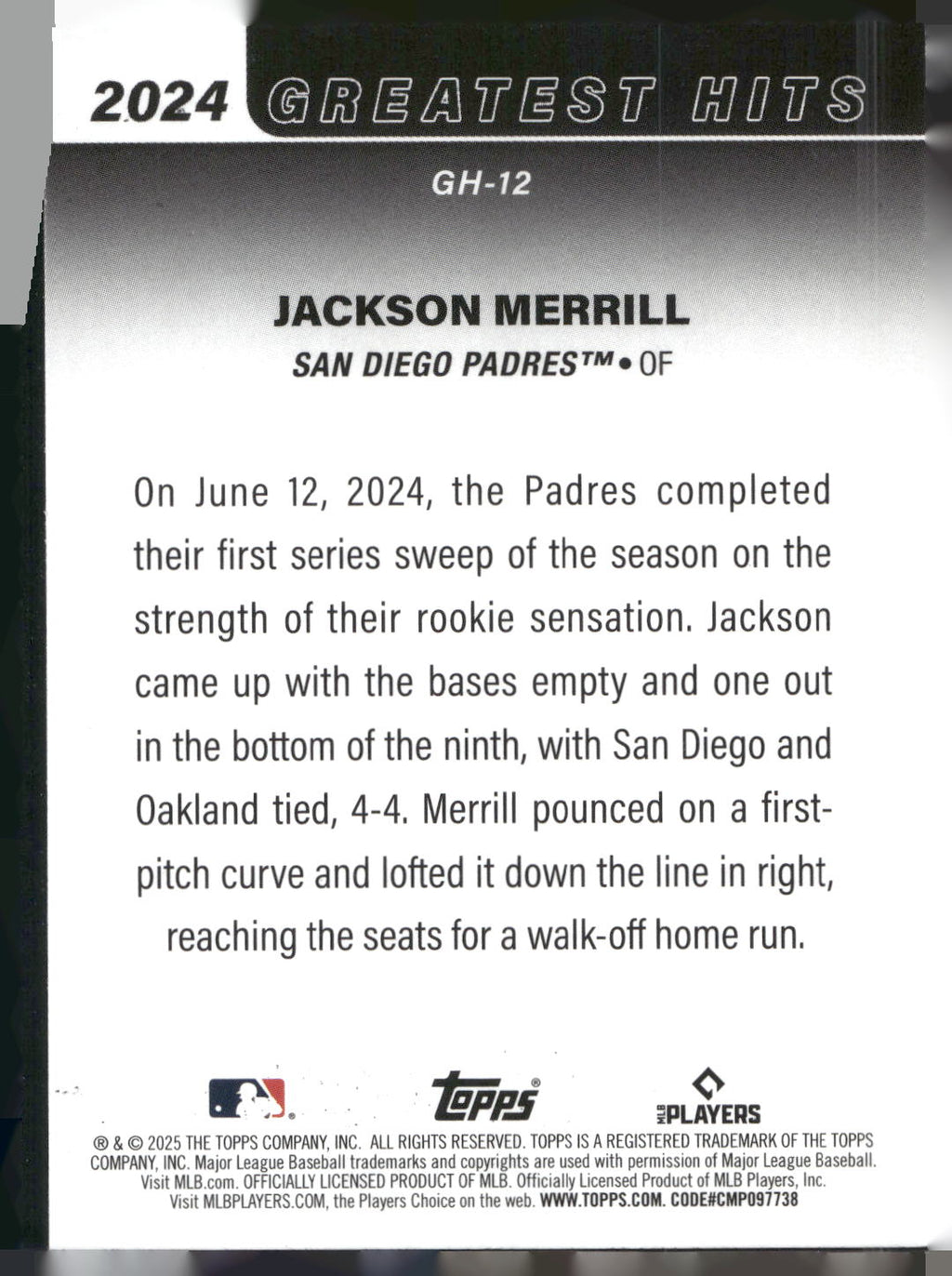 2025 Topps #GH-12 Jackson Merrill 2024 Greatest Hits