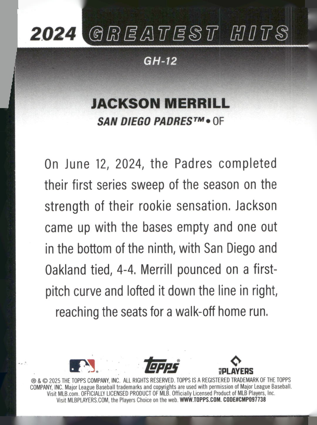 2025 Topps #GH-12 Jackson Merrill 2024 Greatest Hits