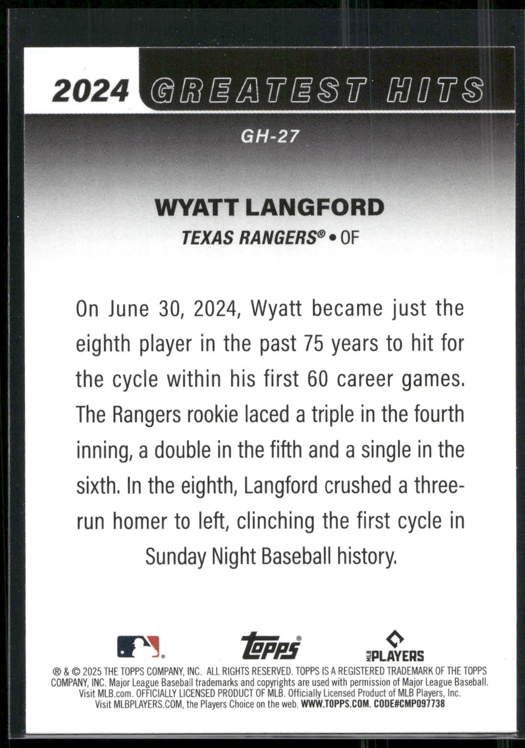 2025 Topps #GH-27 Wyatt Langford 2024 Greatest Hits