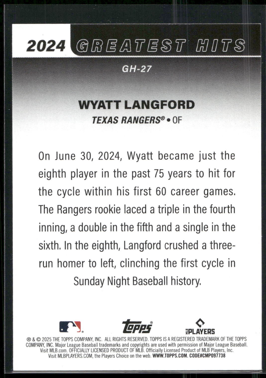 2025 Topps #GH-27 Wyatt Langford 2024 Greatest Hits