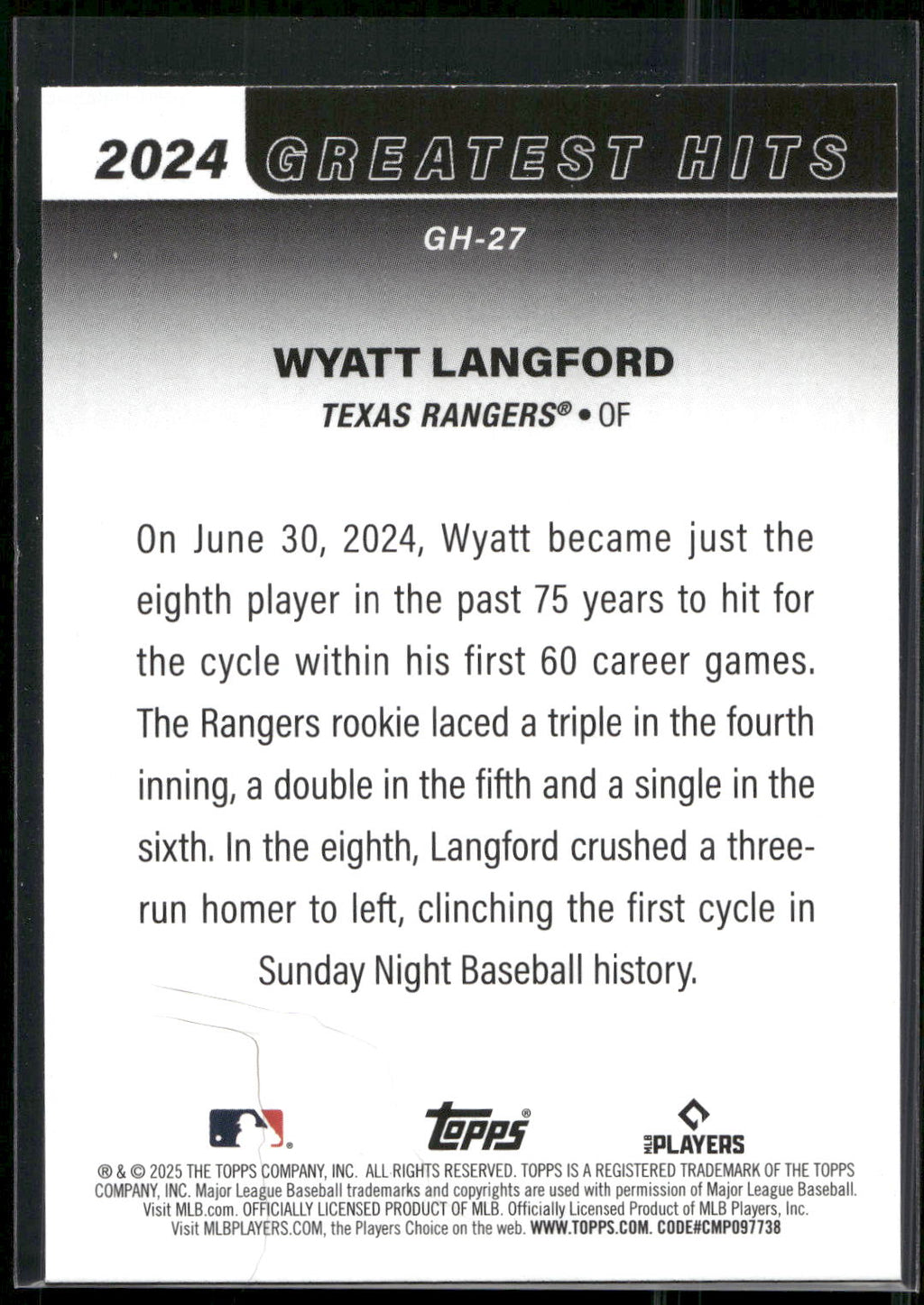 2025 Topps #GH-27 Wyatt Langford 2024 Greatest Hits