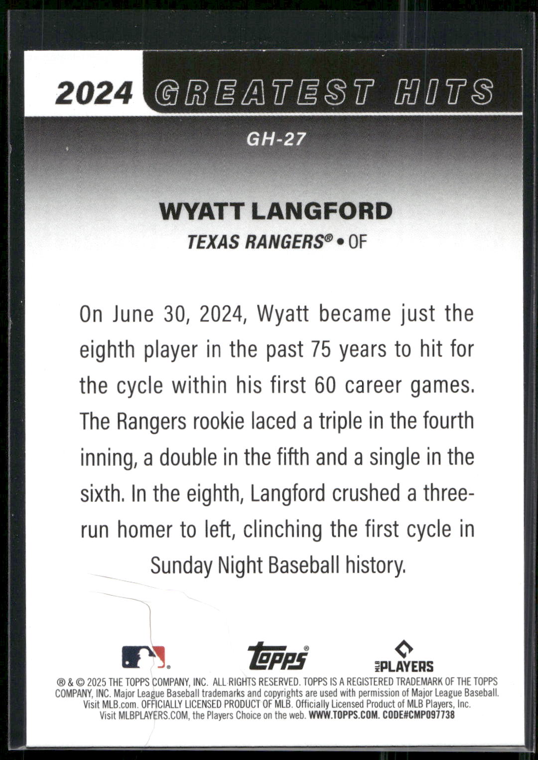 2025 Topps #GH-27 Wyatt Langford 2024 Greatest Hits