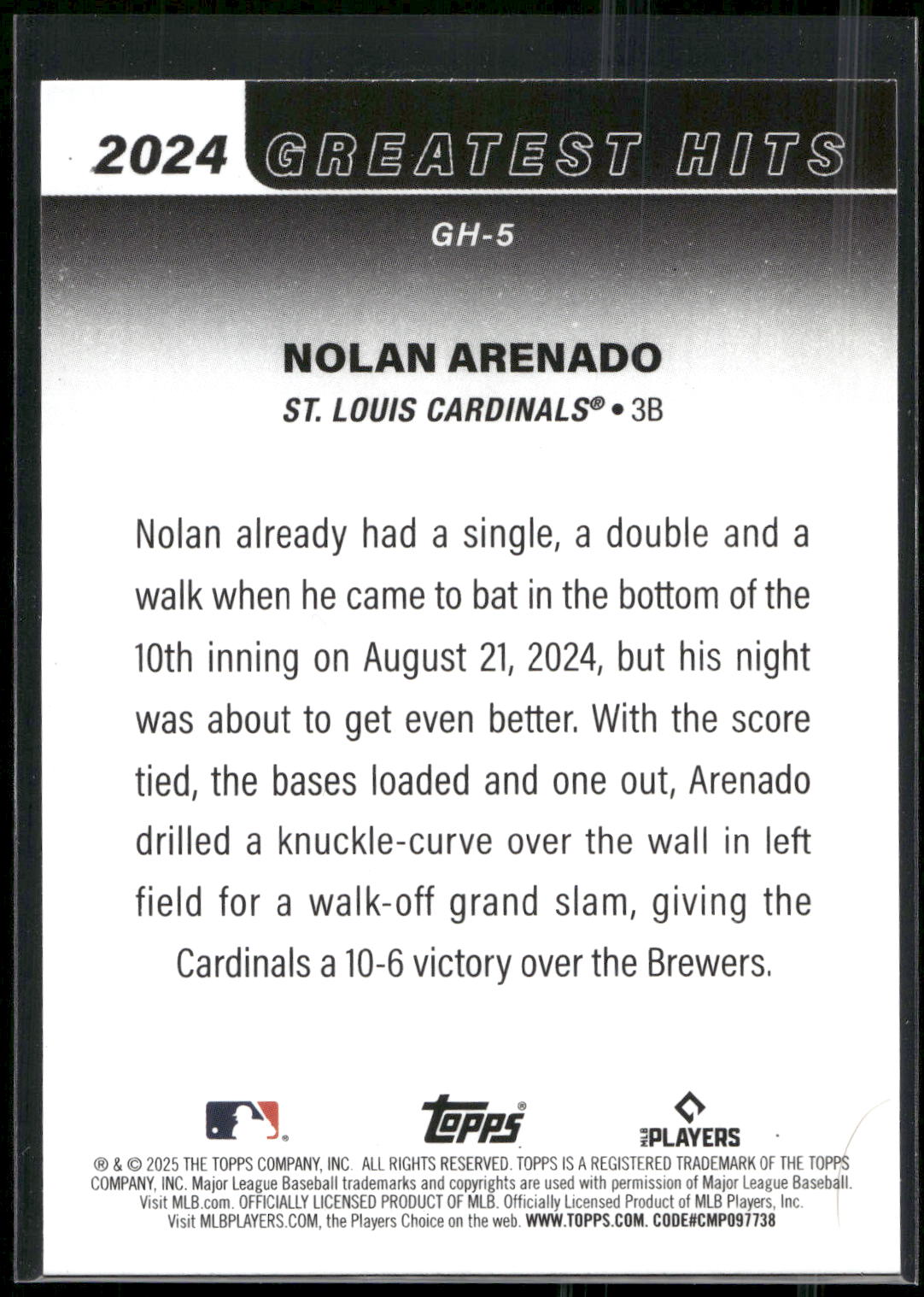2025 Topps #GH-5 Nolan Arenado 2024 Greatest Hits