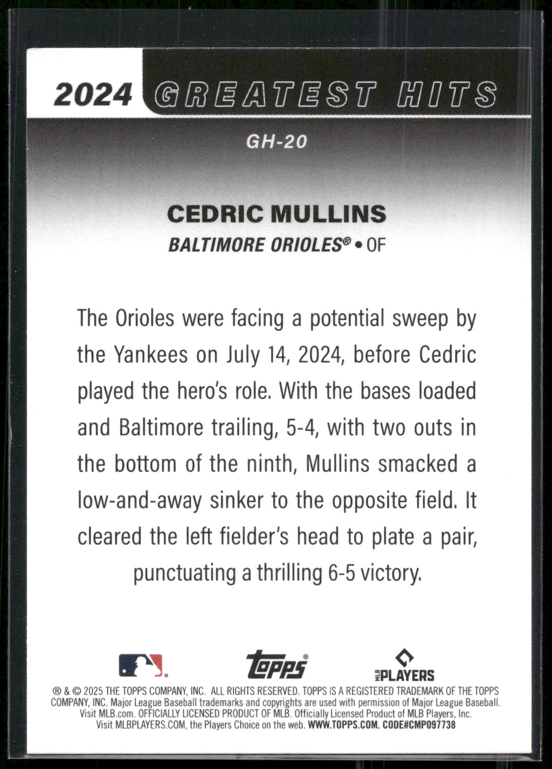 2025 Topps #GH-20 Cedric Mullins 2024 Greatest Hits