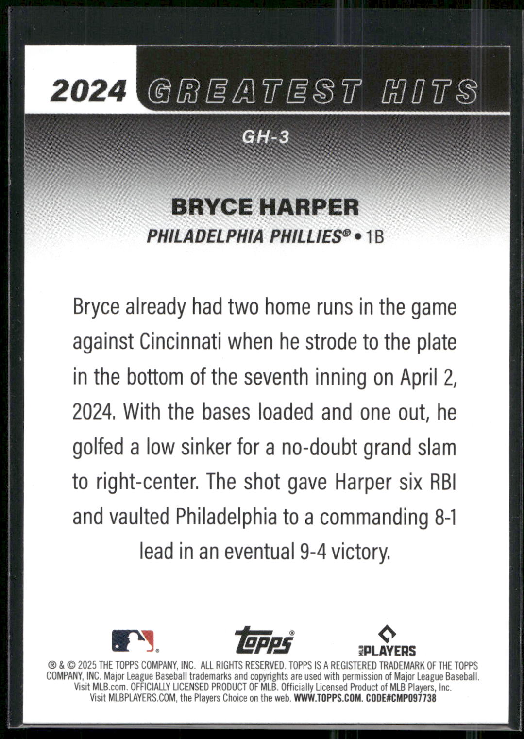 2025 Topps #GH-3 Bryce Harper 2024 Greatest Hits