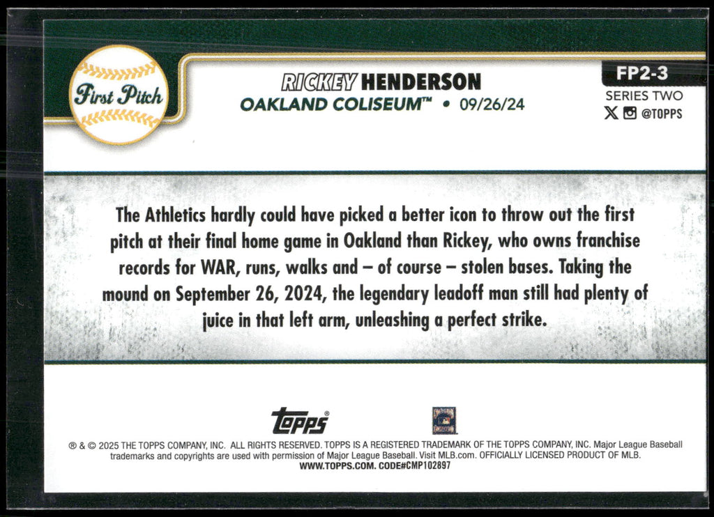 2025 Topps #FP2-3 Rickey Henderson First Pitch (Series Two)