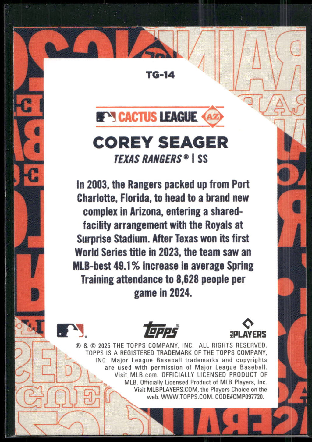 2025 Topps #TG-14 Corey Seager Training Grounds