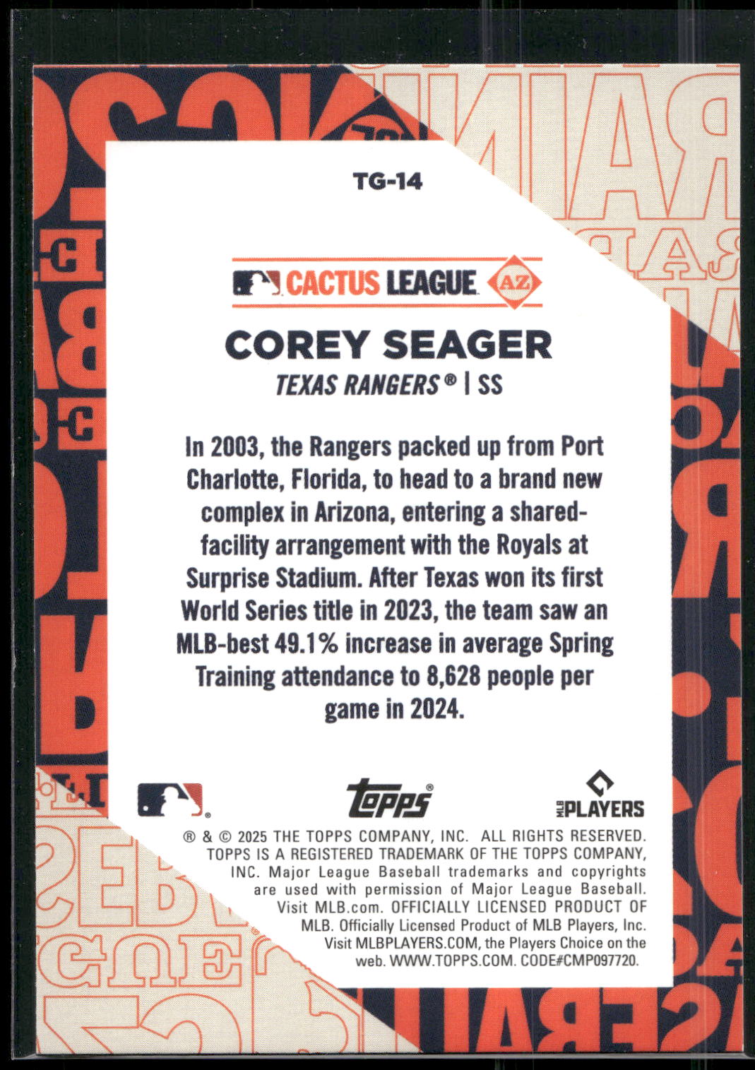 2025 Topps #TG-14 Corey Seager Training Grounds