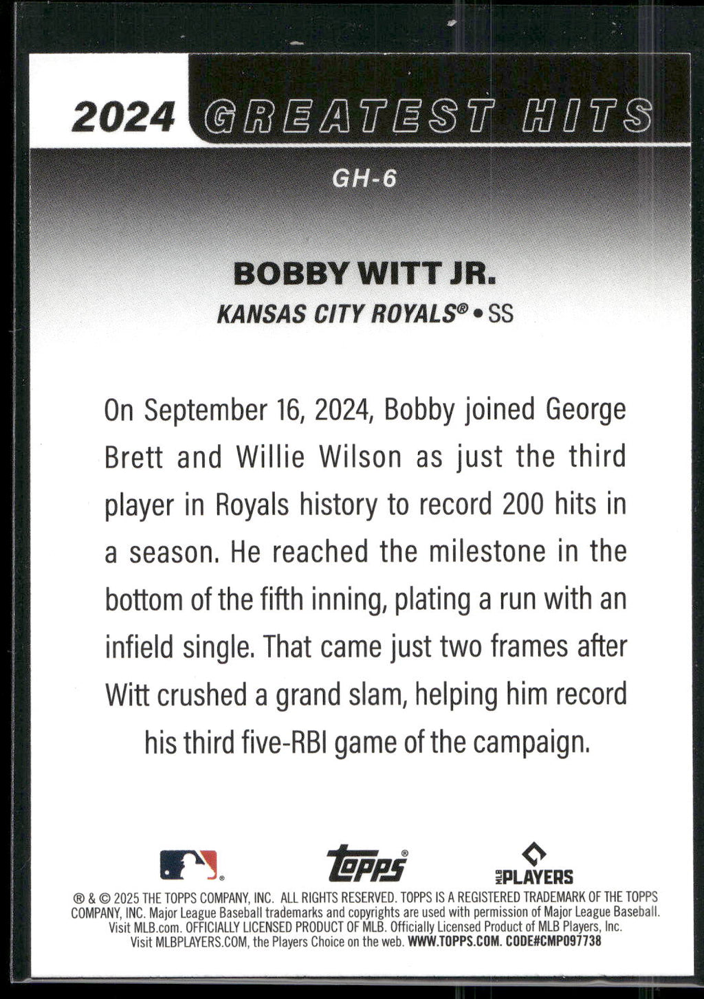 2025 Topps #GH-6 Bobby Witt Jr. 2024 Greatest Hits