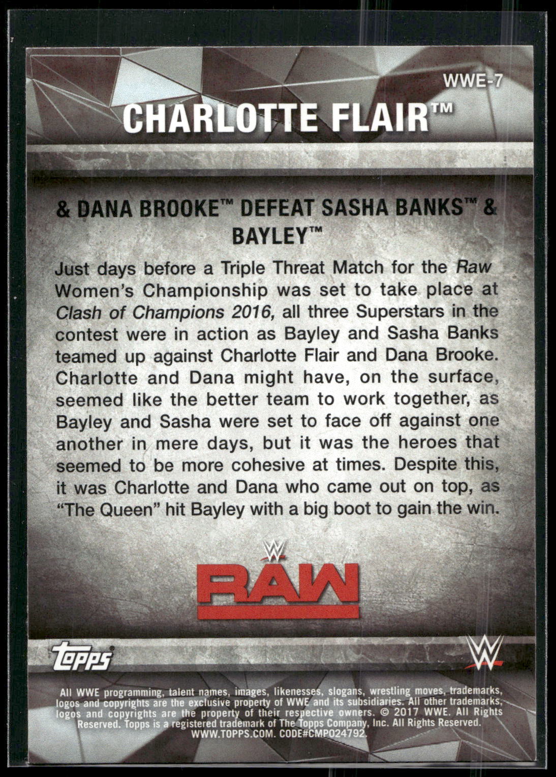2017 Topps WWE Women's Division #WWE-7 Charlotte / Dana Brooke WWE Matches