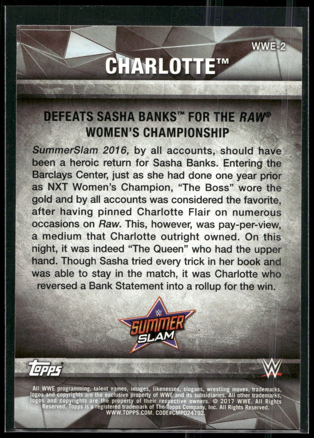 2017 Topps WWE Women's Division #WWE-2 Charlotte WWE Matches and Moments