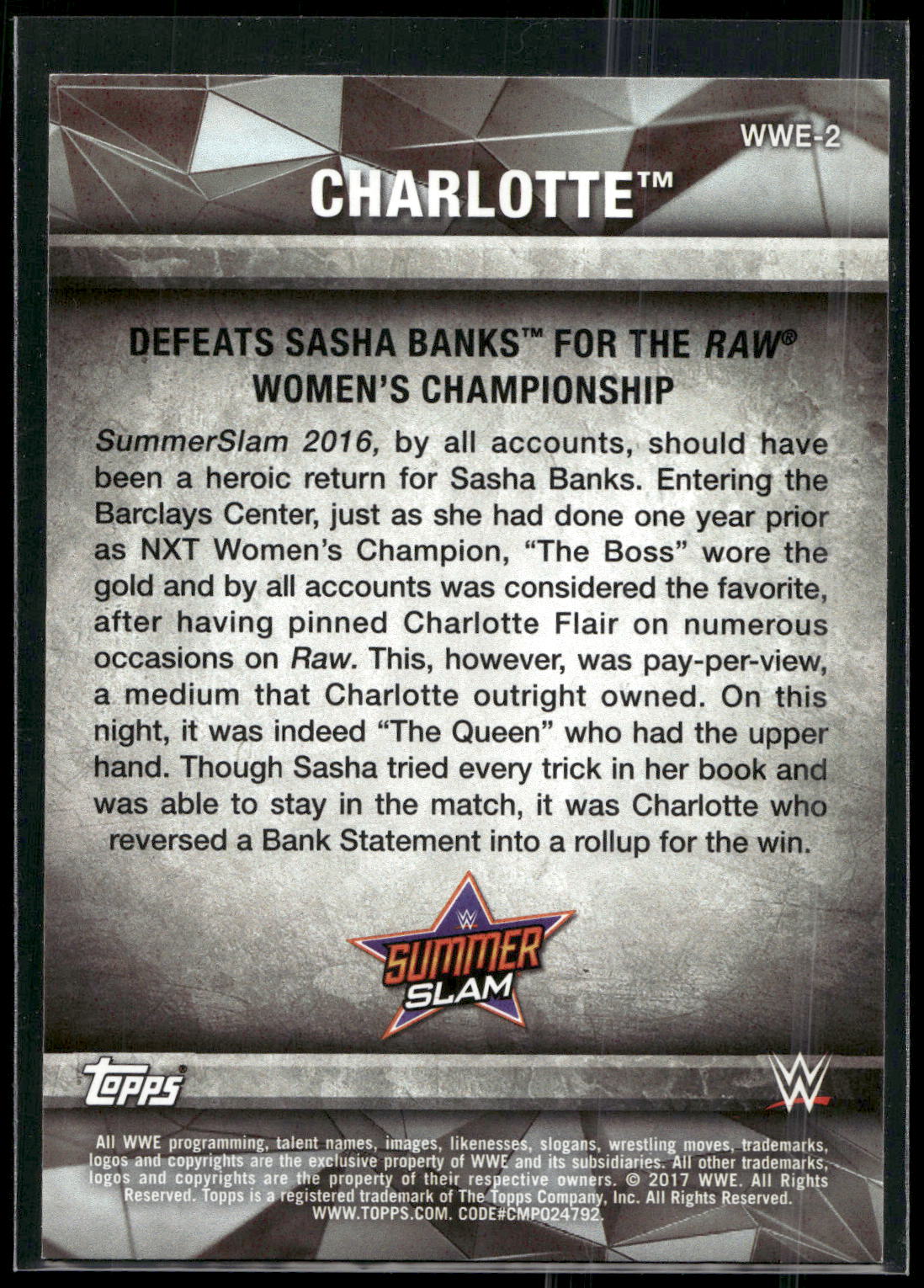 2017 Topps WWE Women's Division #WWE-2 Charlotte WWE Matches and Moments