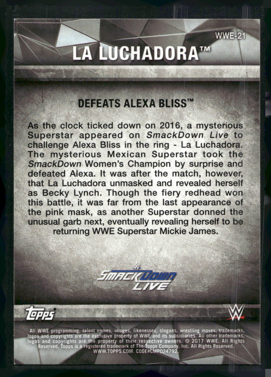 2017 Topps WWE Women's Division #WWE-21 La Luchadora WWE Matches and Moments