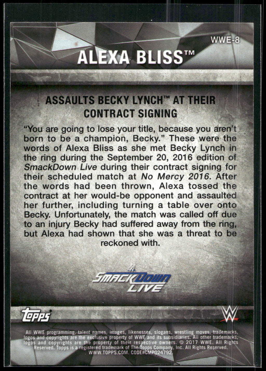2017 Topps WWE Women's Division #WWE-8 Alexa Bliss WWE Matches and Moments