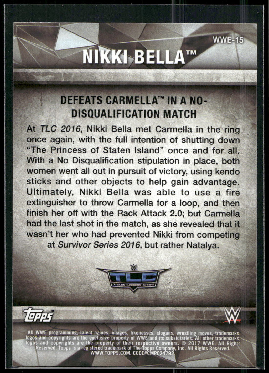 2017 Topps WWE Women's Division #WWE-15 Nikki Bella WWE Matches and Moments