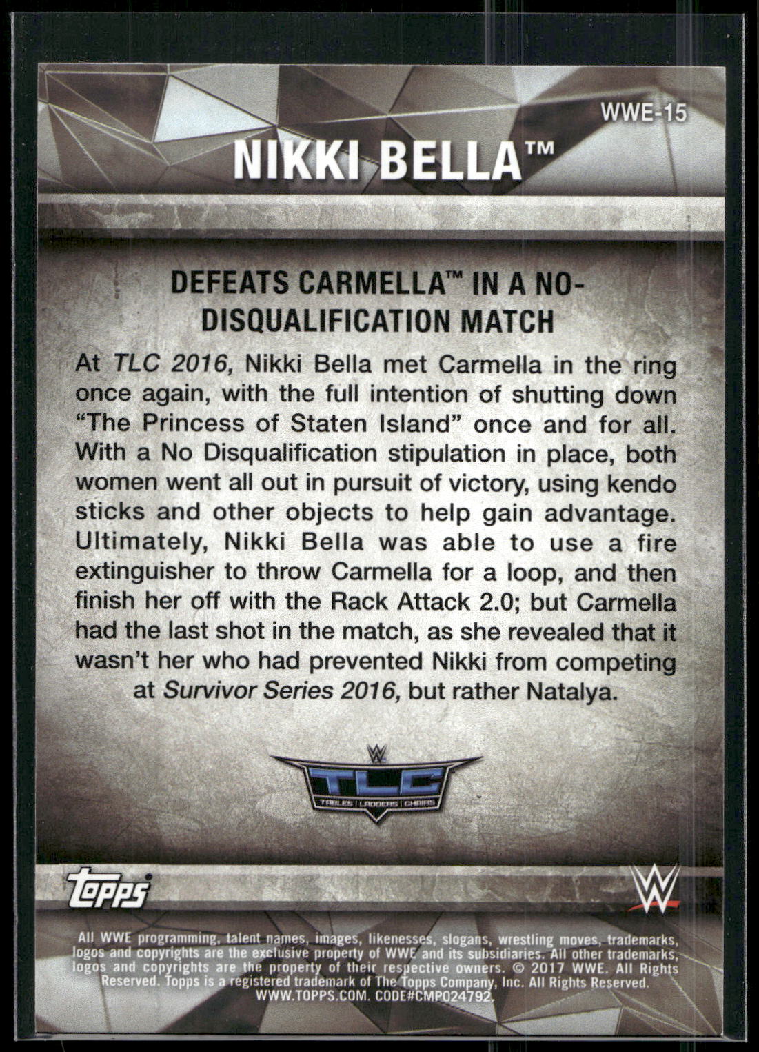 2017 Topps WWE Women's Division #WWE-15 Nikki Bella WWE Matches and Moments