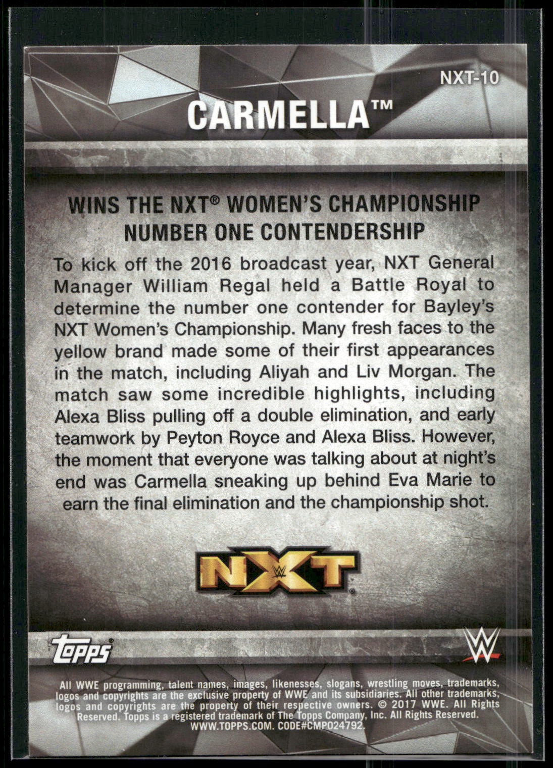 2017 Topps WWE Women's Division #NXT-10 Carmella NXT Matches and Moments