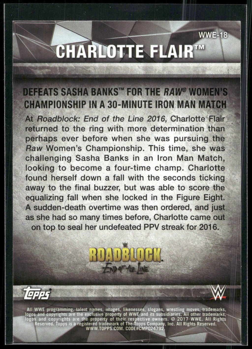 2017 Topps WWE Women's Division #WWE-18 Charlotte WWE Matches and Moments
