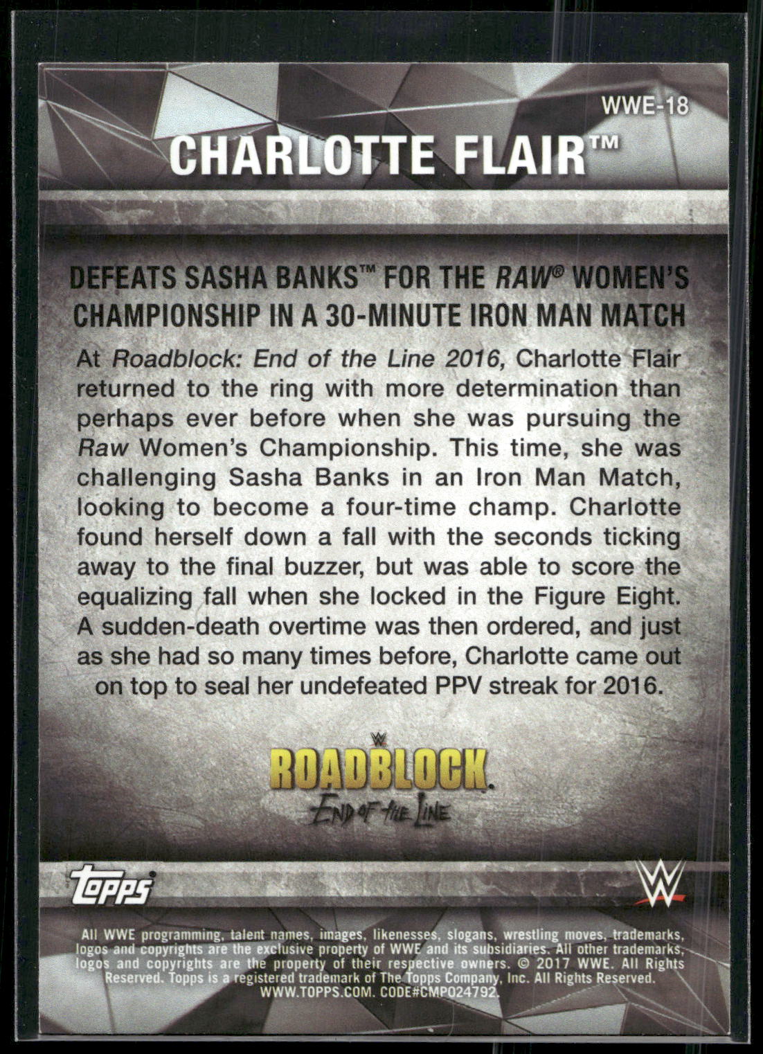 2017 Topps WWE Women's Division #WWE-18 Charlotte WWE Matches and Moments