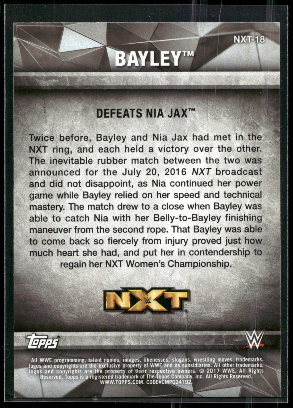 2017 Topps WWE Women's Division #NXT-18 Bayley NXT Matches and Moments