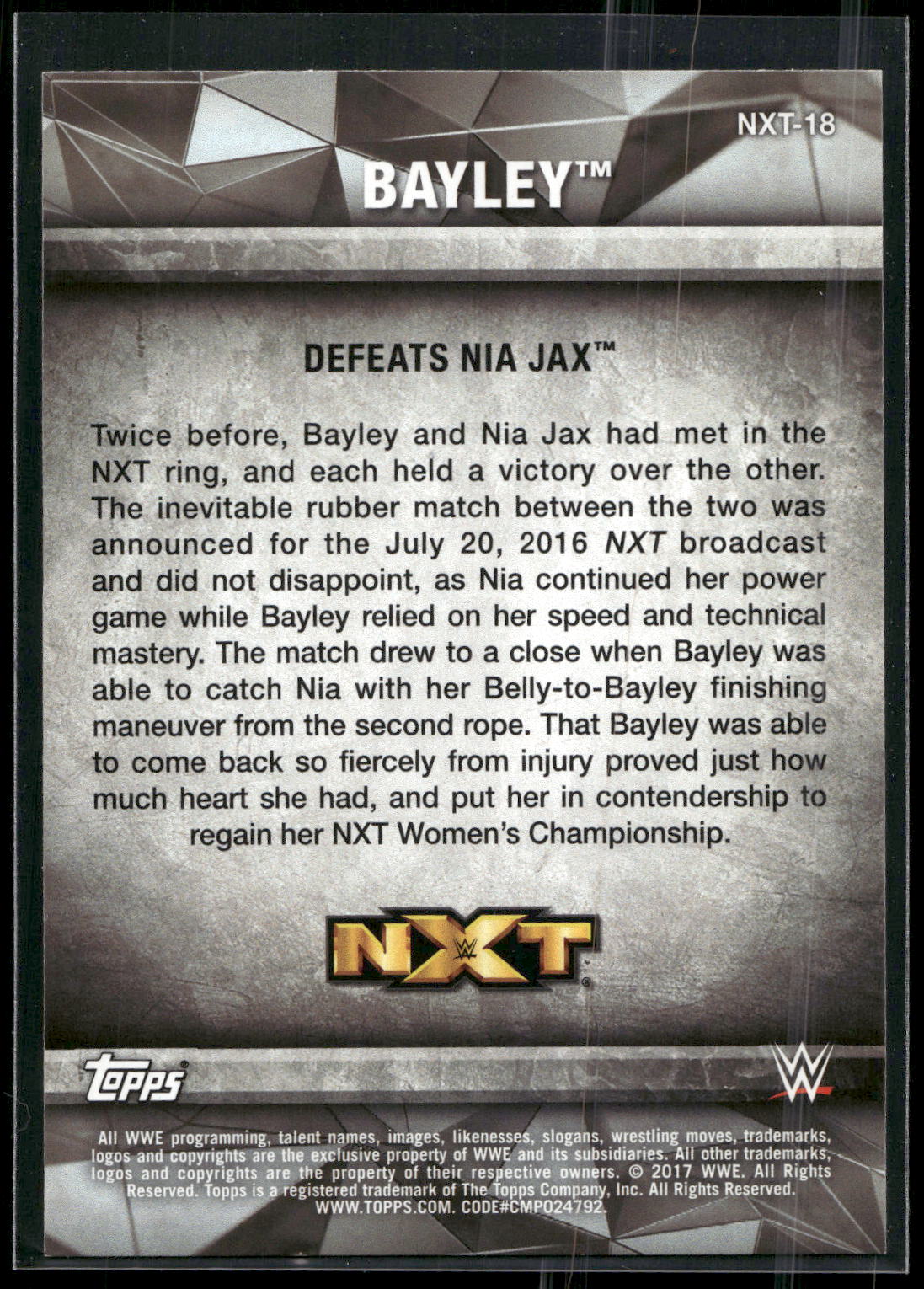 2017 Topps WWE Women's Division #NXT-18 Bayley NXT Matches and Moments