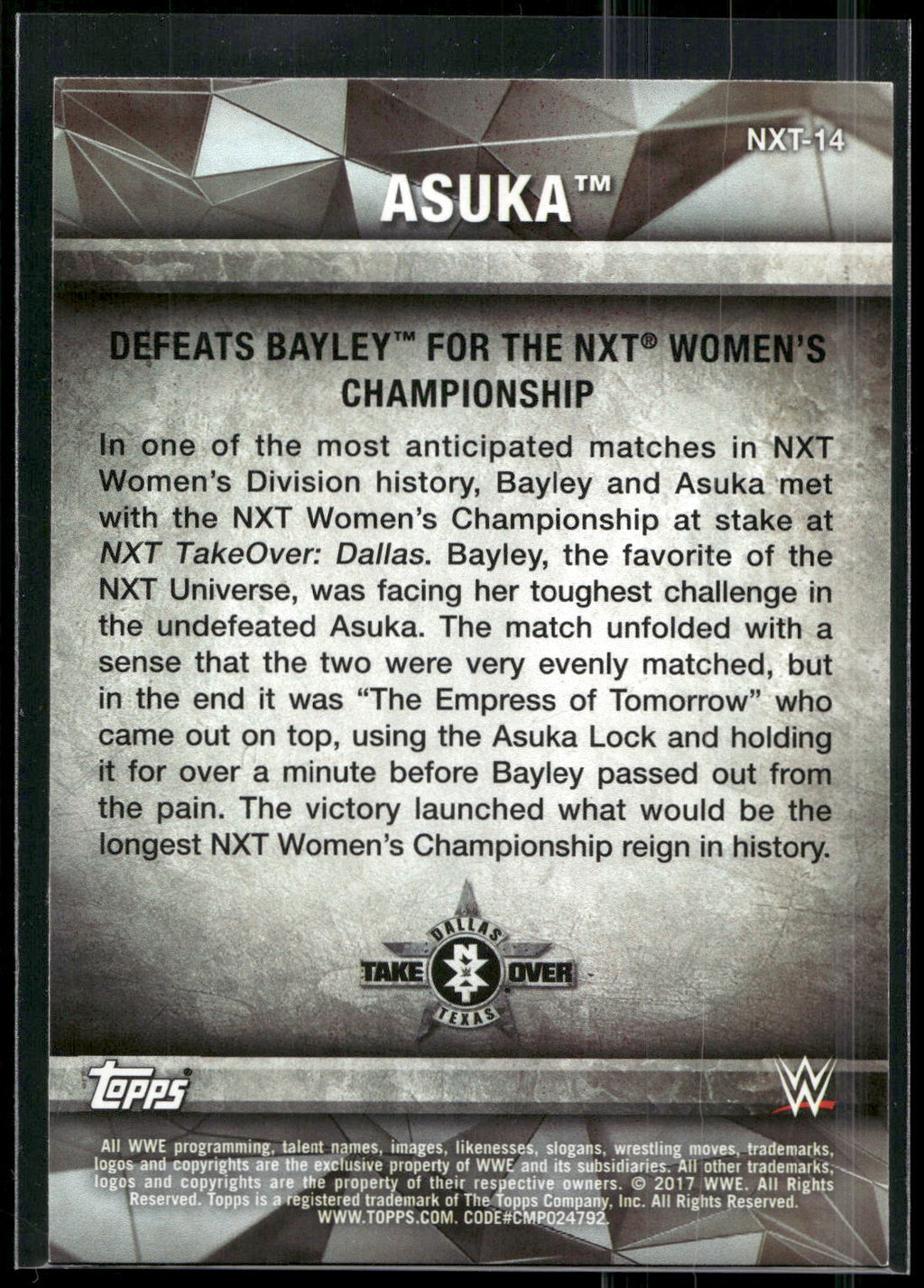 2017 Topps WWE Women's Division #NXT-14 Asuka NXT Matches and Moments