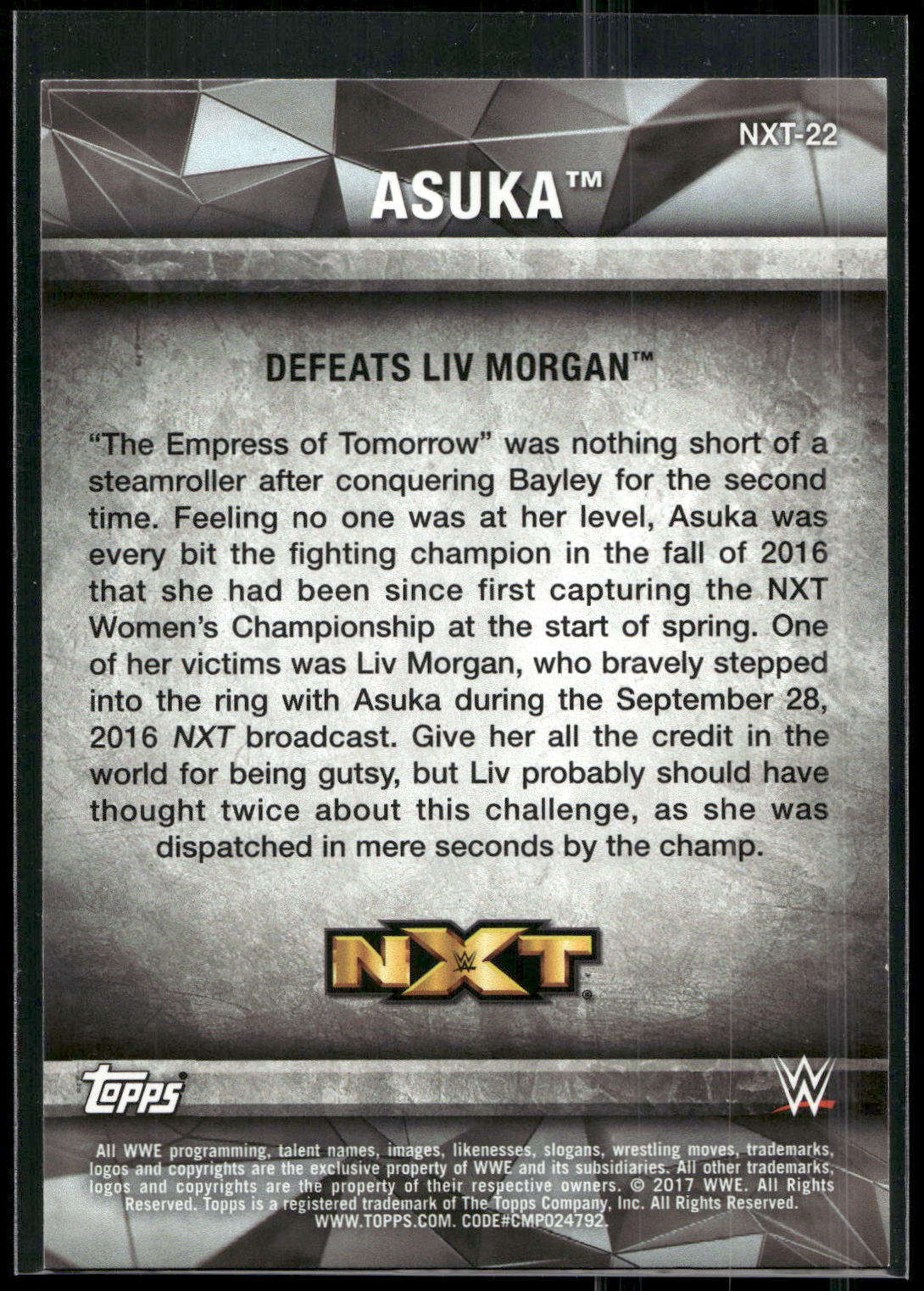 2017 Topps WWE Women's Division #NXT-22 Asuka NXT Matches and Moments