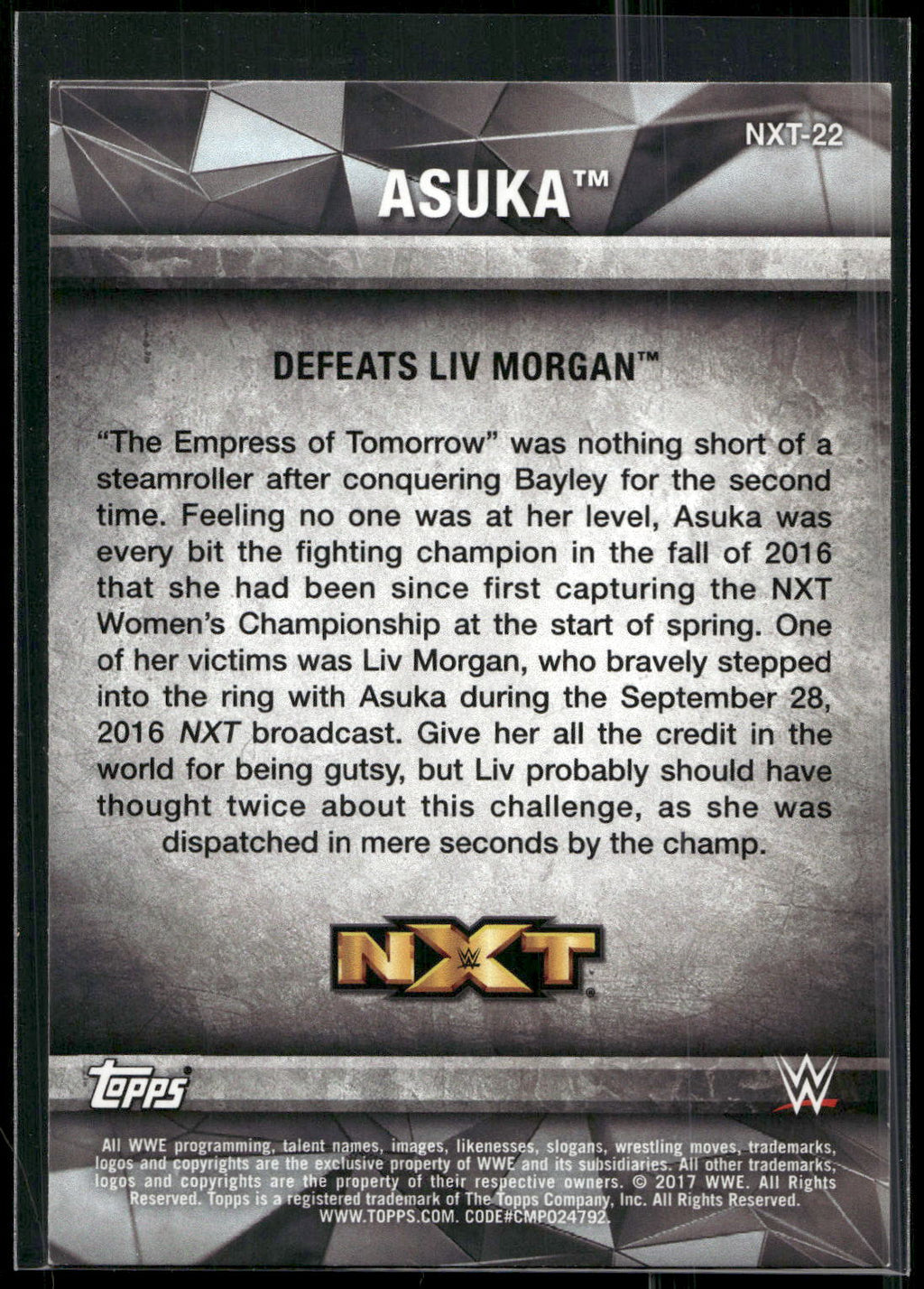 2017 Topps WWE Women's Division #NXT-22 Asuka NXT Matches and Moments