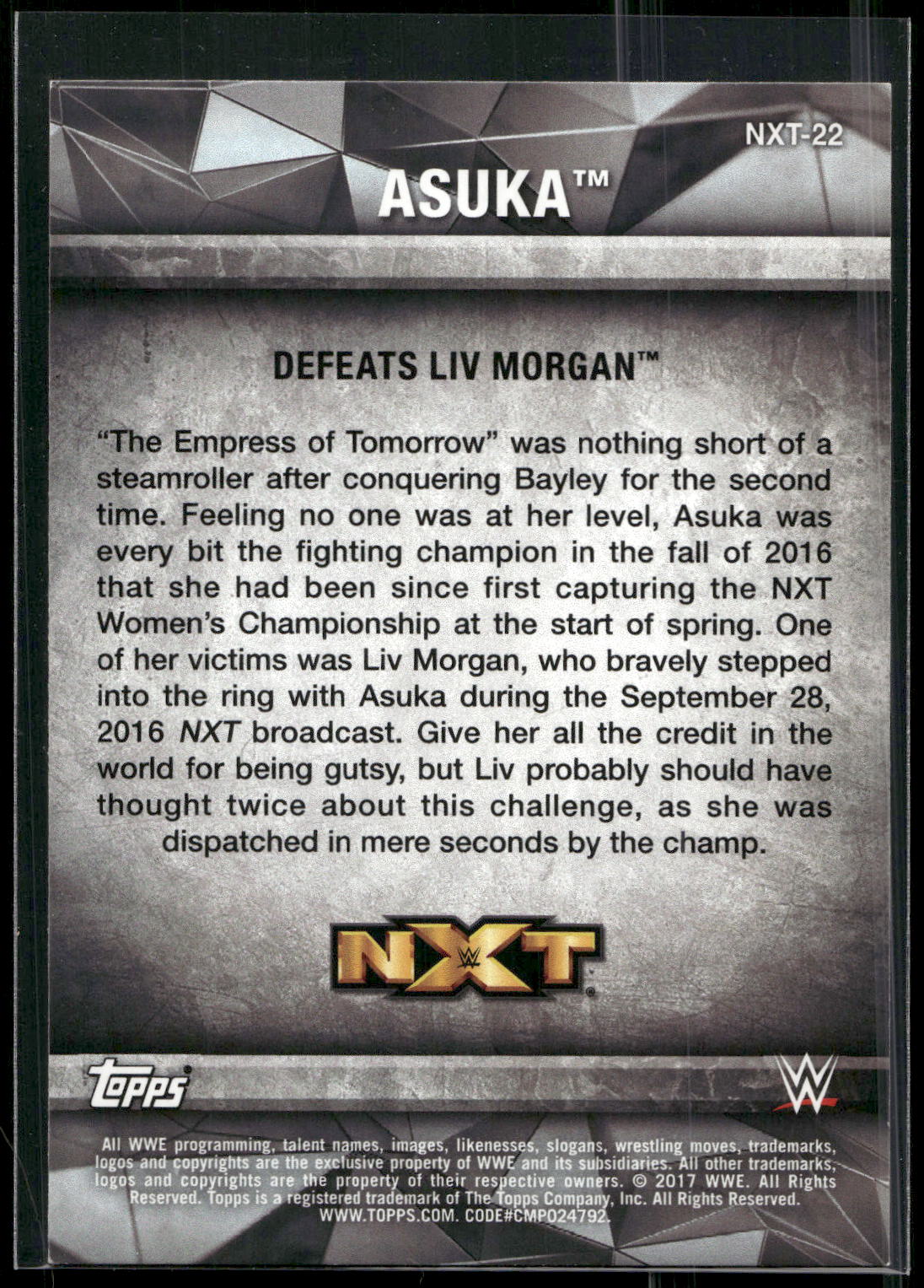 2017 Topps WWE Women's Division #NXT-22 Asuka NXT Matches and Moments