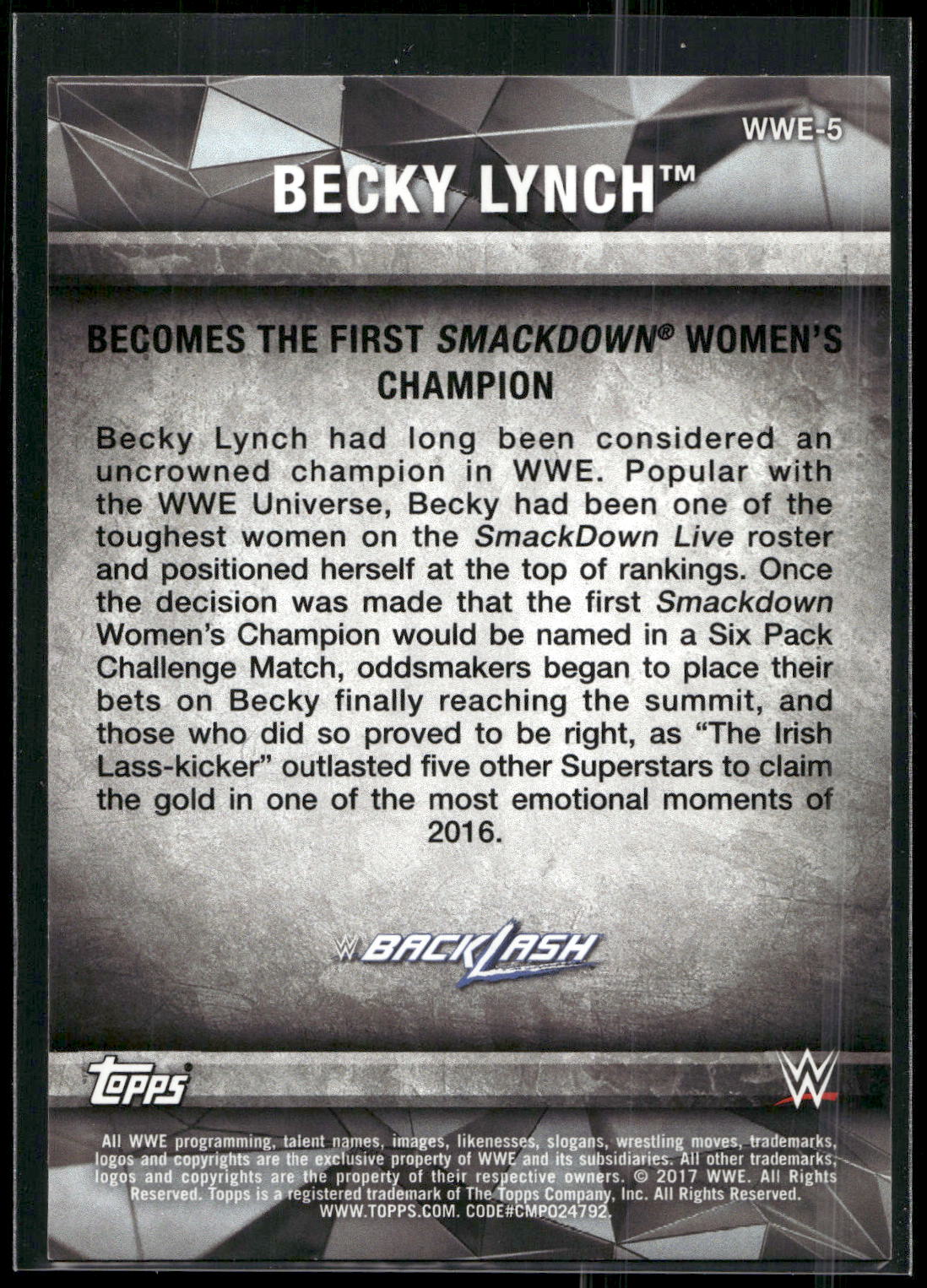 2017 Topps WWE Women's Division #WWE-5 Becky Lynch WWE Matches and Moments