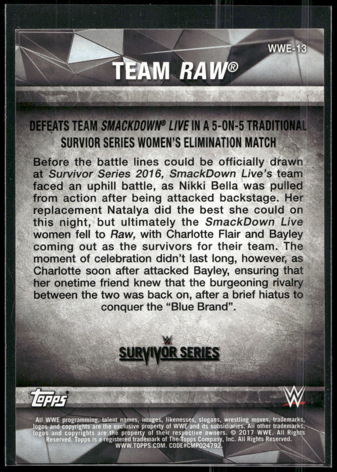 2017 Topps WWE Women's Division #WWE-13 Team Raw WWE Matches and Moments