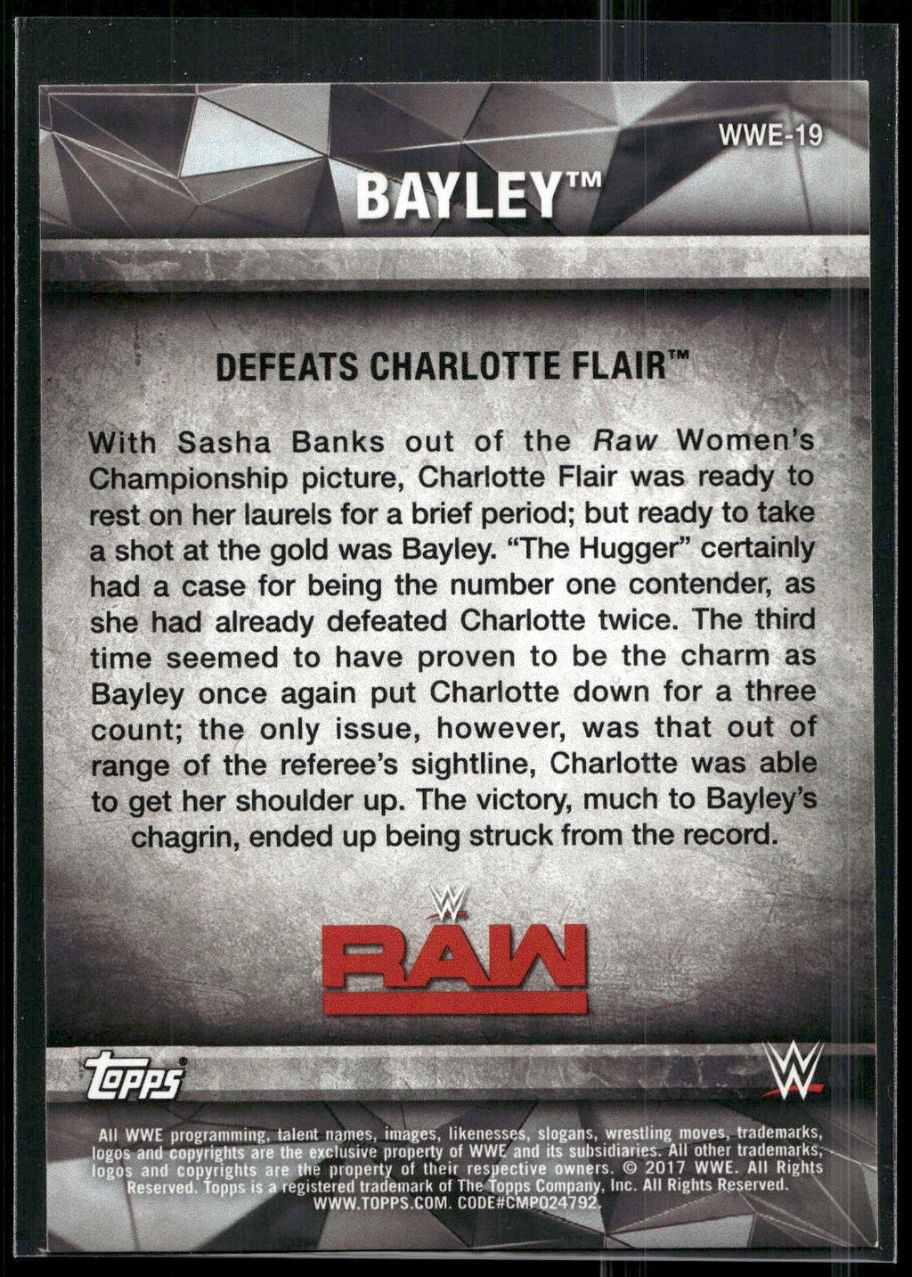 2017 Topps WWE Women's Division #WWE-19 Bayley WWE Matches and Moments