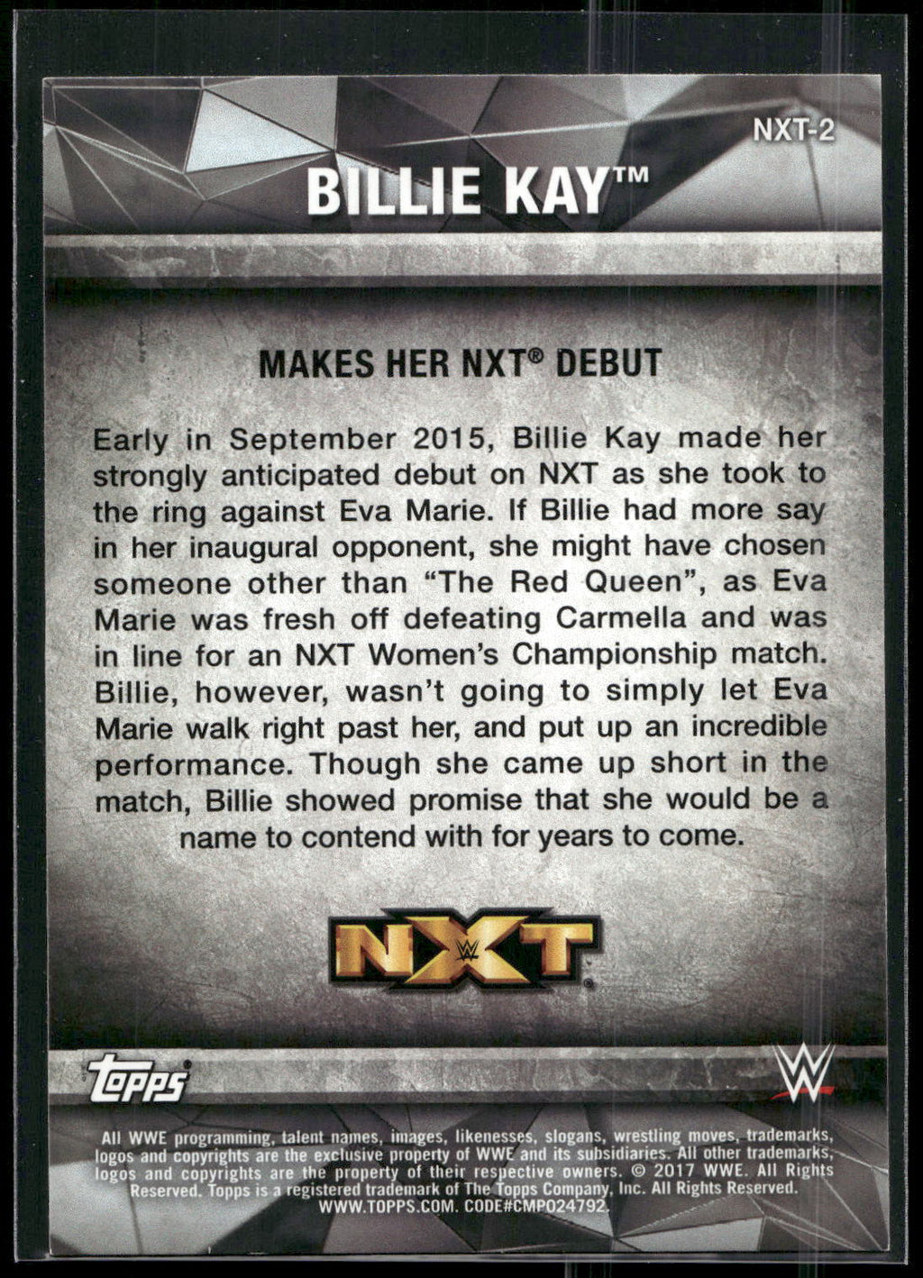 2017 Topps WWE Women's Division #NXT-2 Billie Kay NXT Matches and Moments