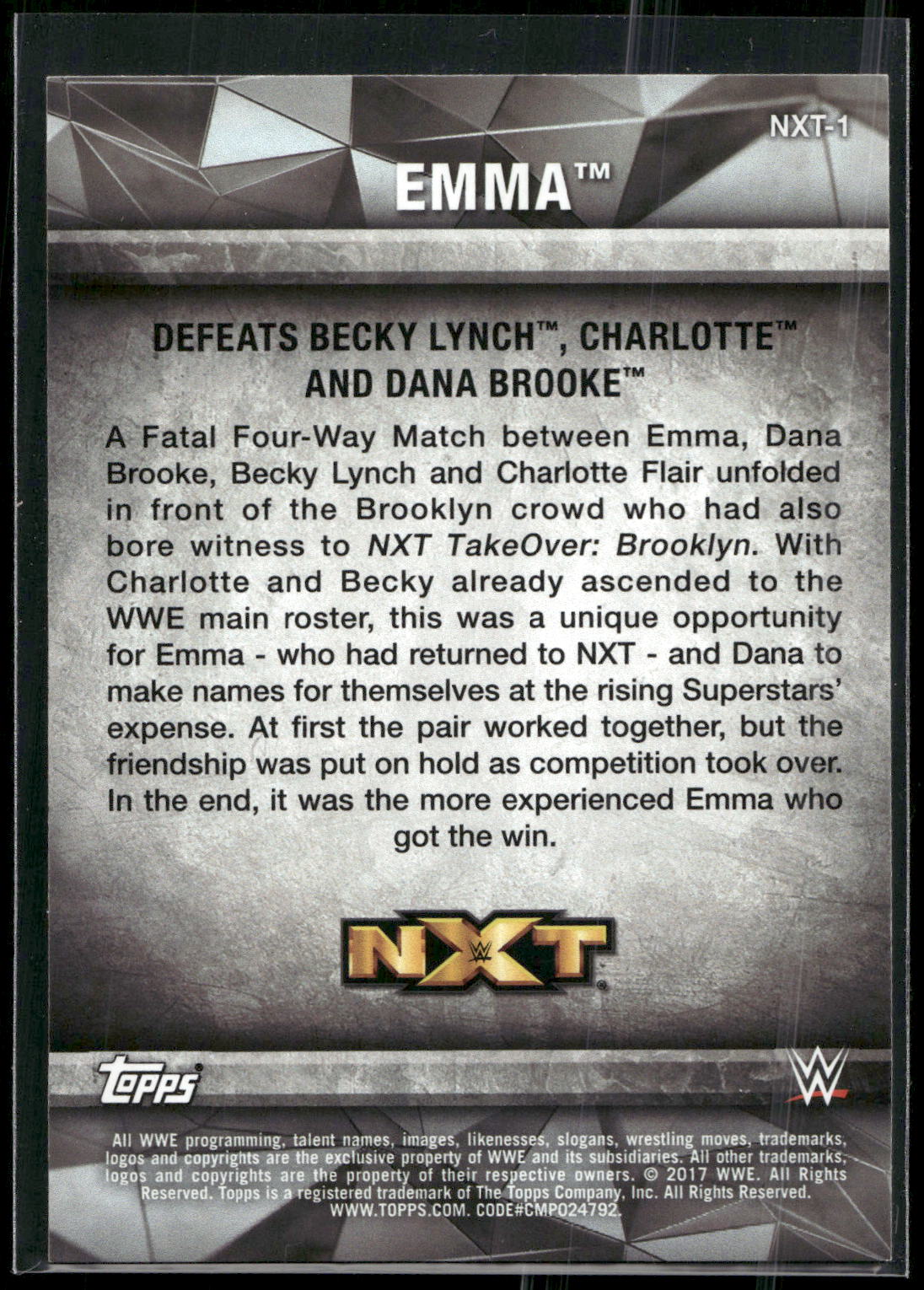 2017 Topps WWE Women's Division #NXT-1 Emma NXT Matches and Moments