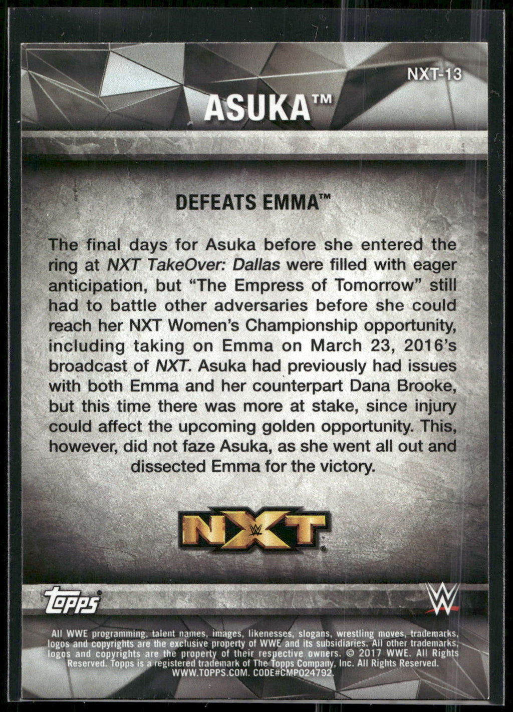 2017 Topps WWE Women's Division #NXT-13 Asuka NXT Matches and Moments
