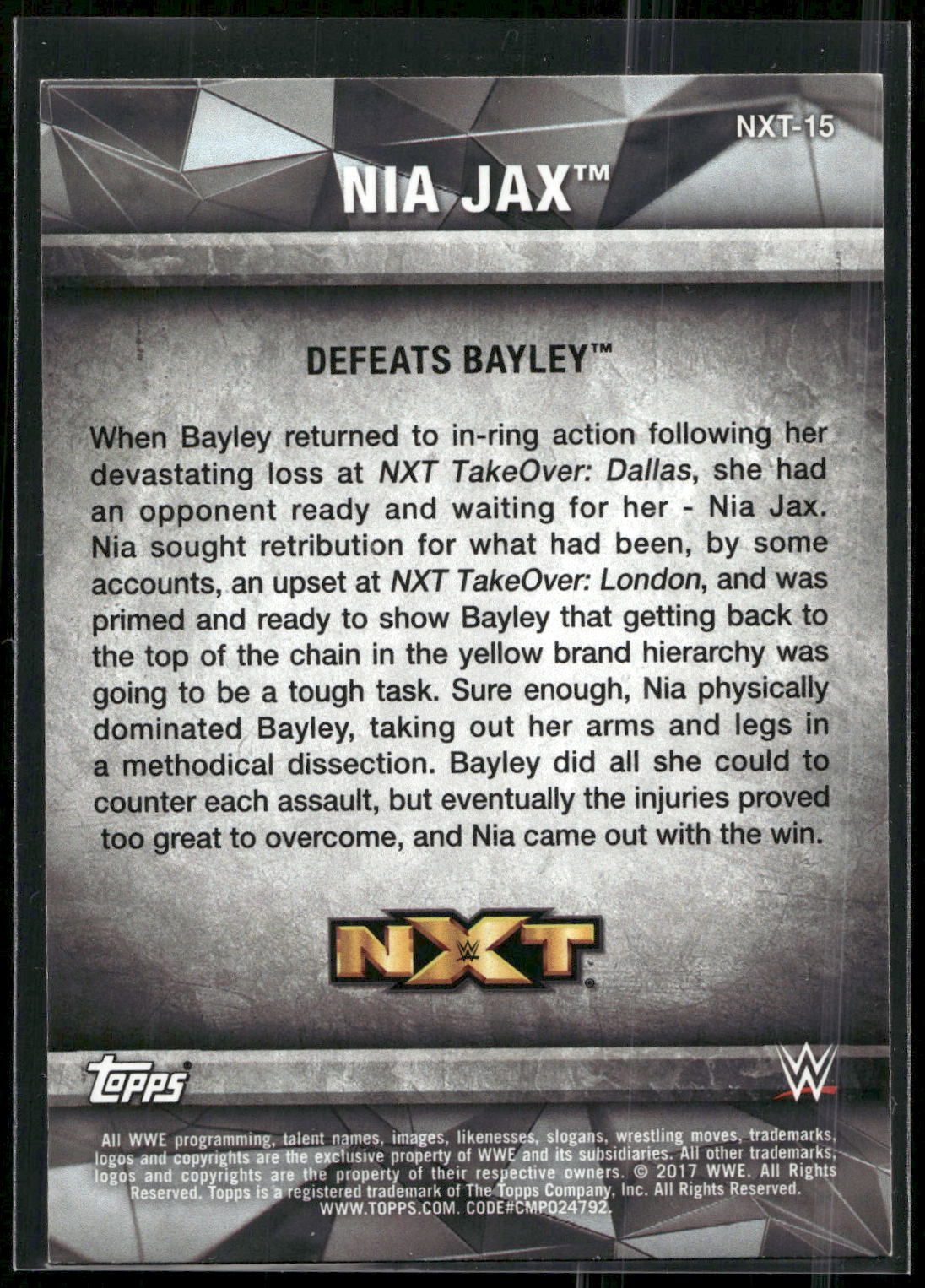 2017 Topps WWE Women's Division #NXT-15 Nia Jax NXT Matches and Moments