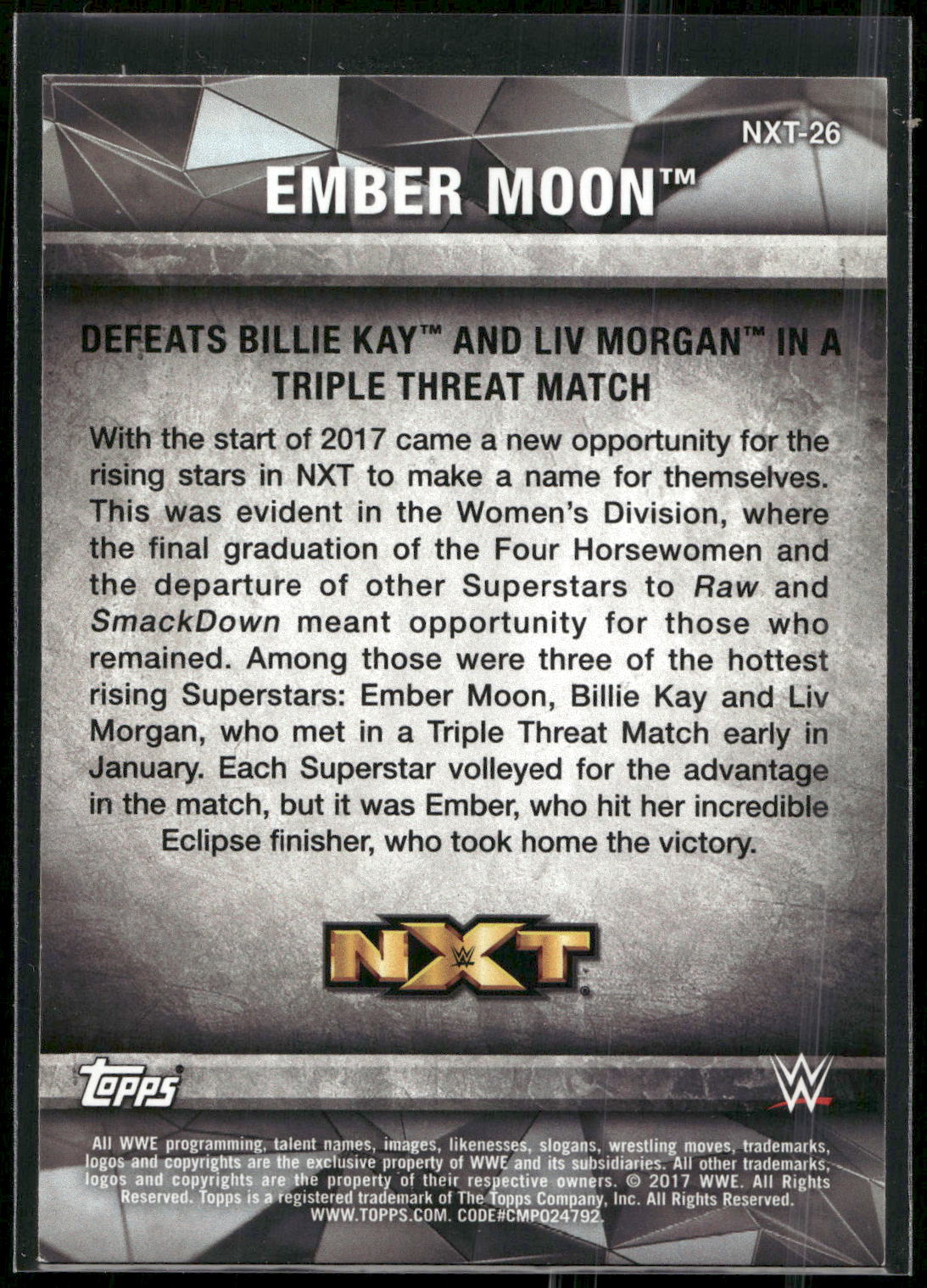 2017 Topps WWE Women's Division #NXT-26 Ember Moon NXT Matches and Moments