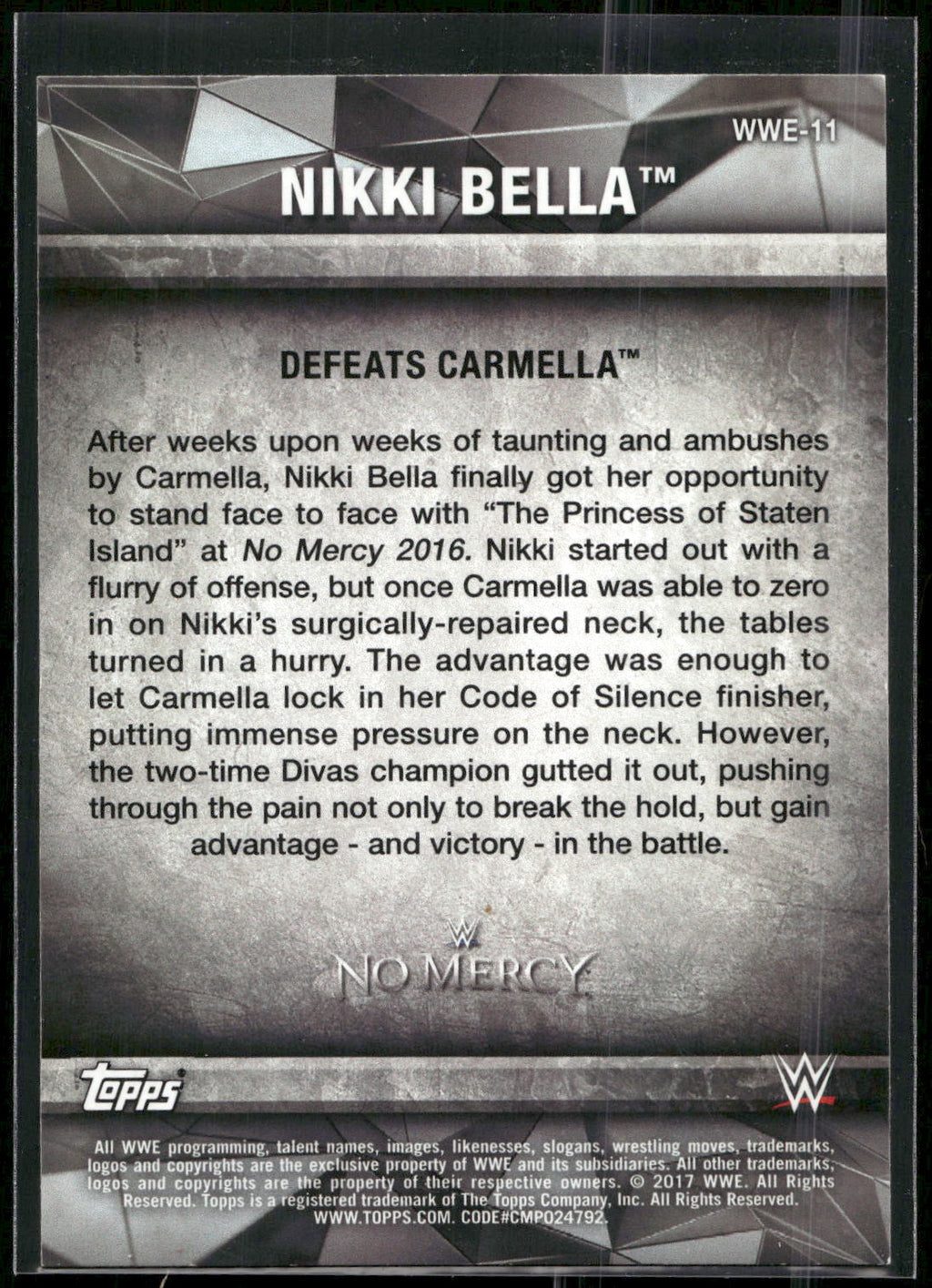 2017 Topps WWE Women's Division #WWE-11 Nikki Bella WWE Matches and Moments