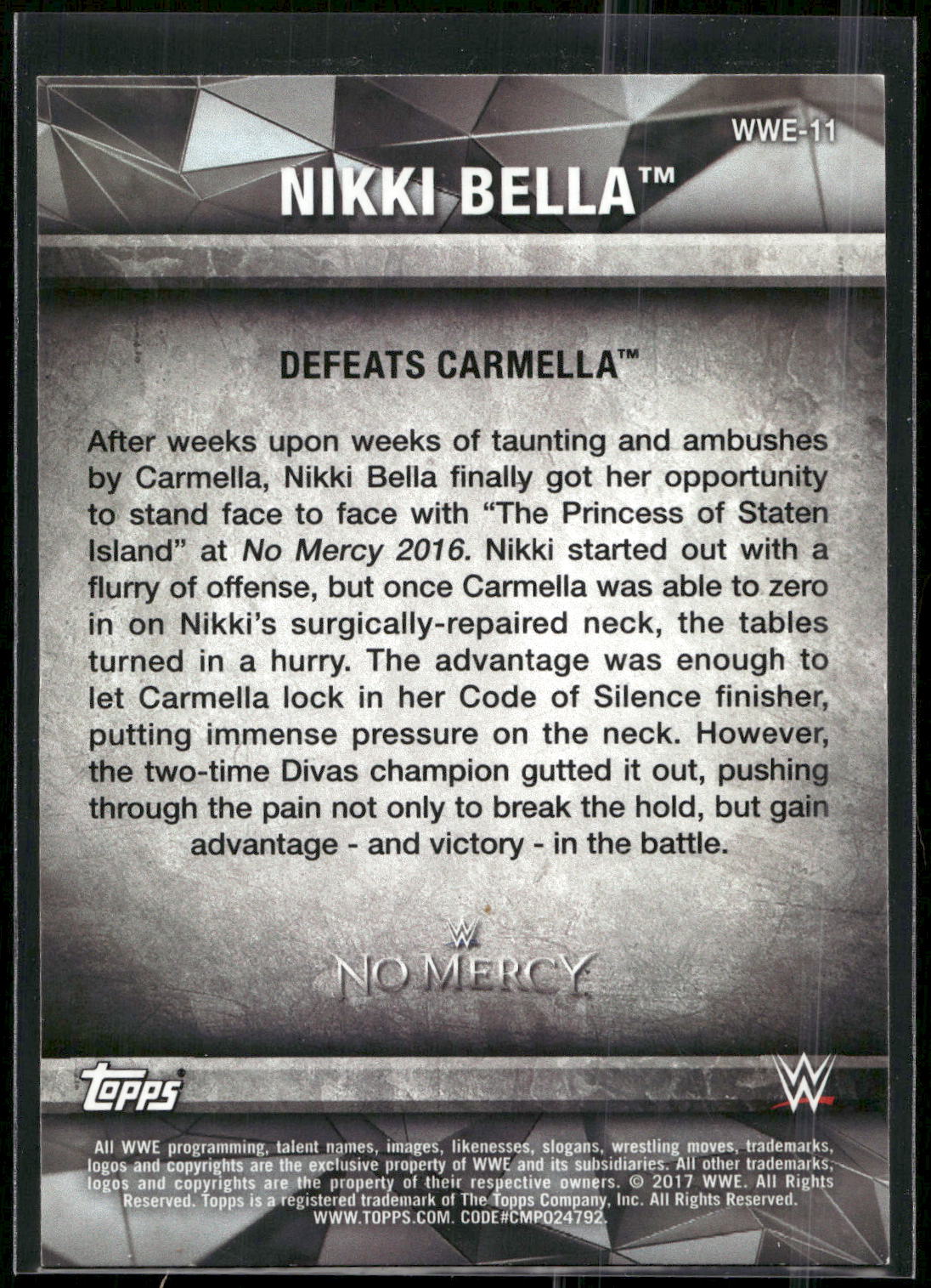 2017 Topps WWE Women's Division #WWE-11 Nikki Bella WWE Matches and Moments