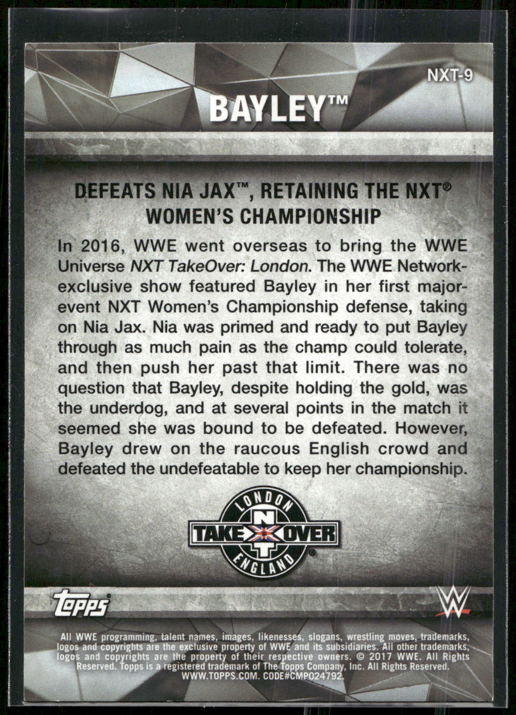 2017 Topps WWE Women's Division #NXT-9 Bayley NXT Matches and Moments