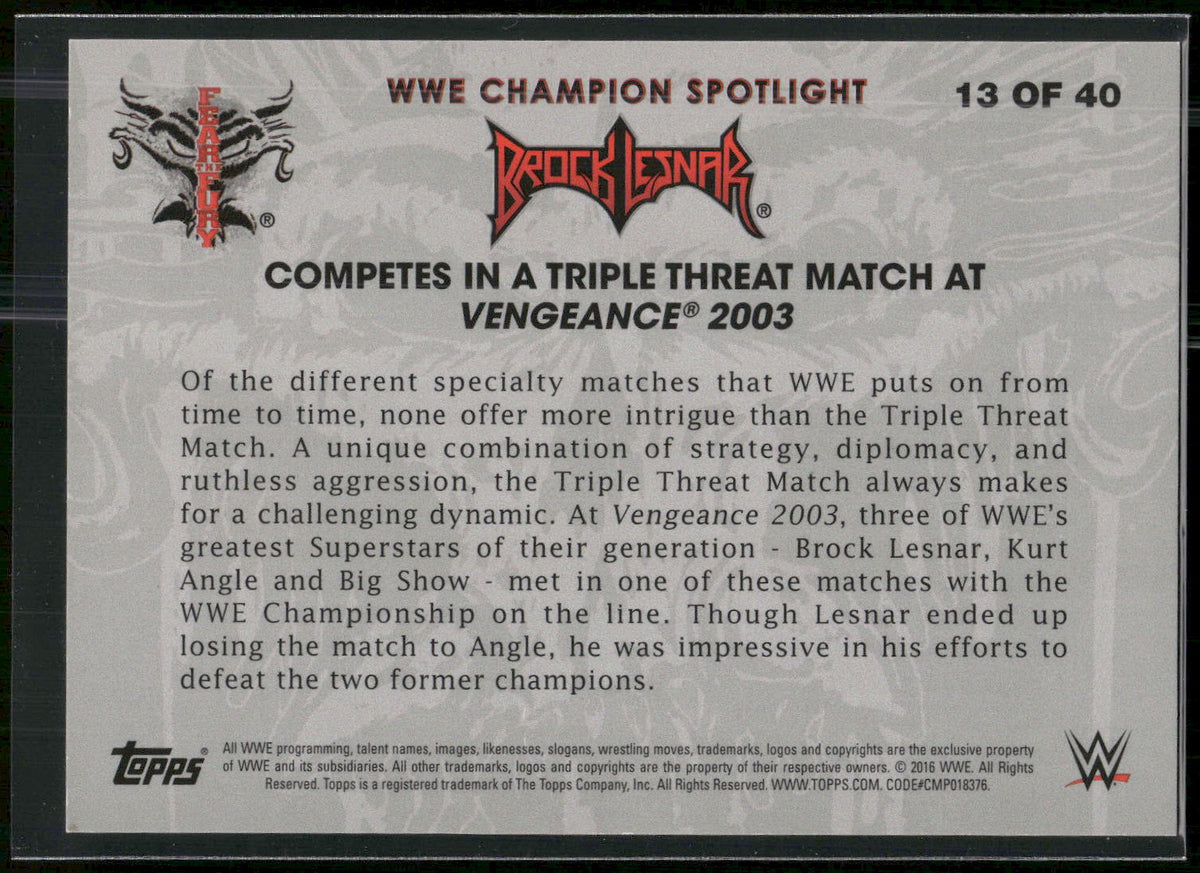 2016 Topps WWE #13 Brock Lesnar Brock Lesnar Tribute