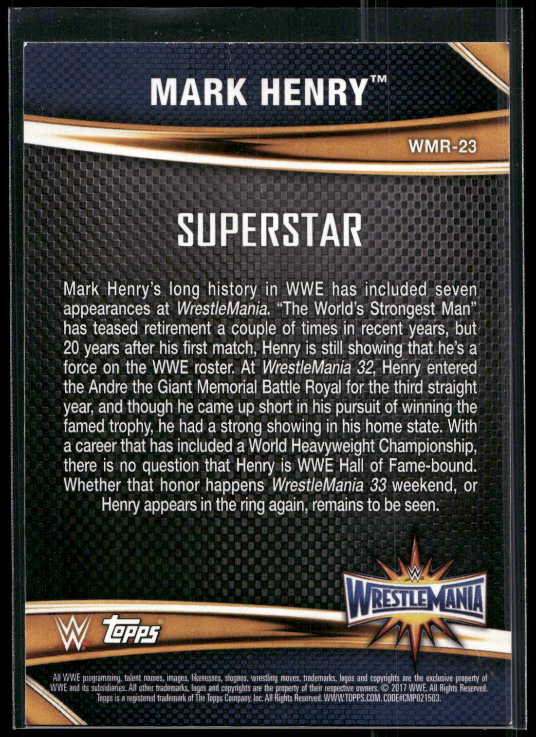 2017 Topps WWE Road To Wrestlemania #WMR-23 Mark Henry WrestleMania 33 Roster