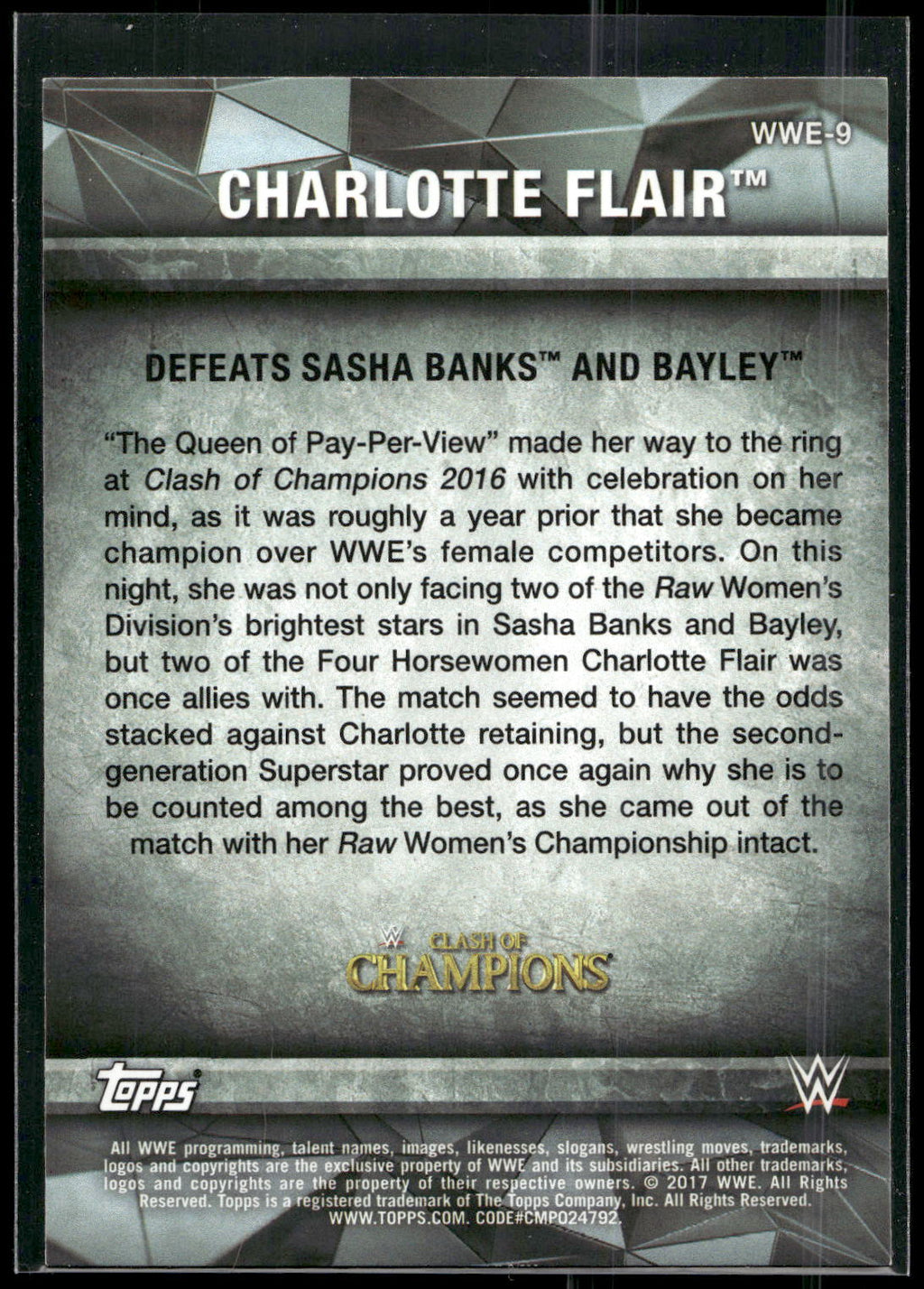 2017 Topps WWE Women's Division #WWE-9 Charlotte WWE Matches and Moments