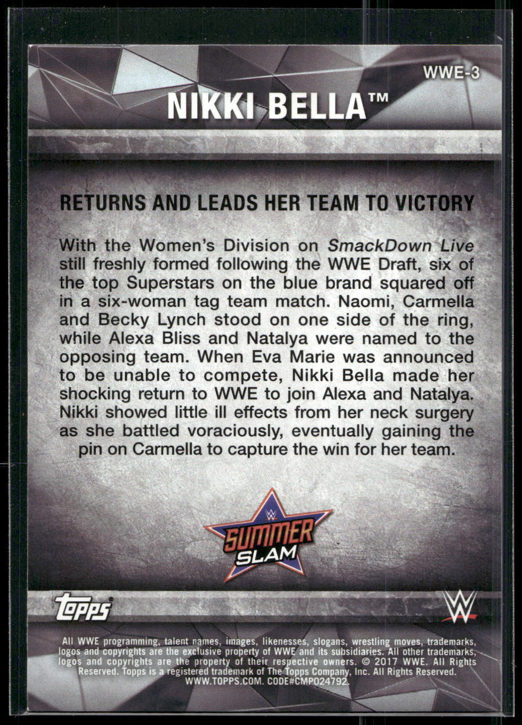 2017 Topps WWE Women's Division #WWE-3 Nikki Bella WWE Matches and Moments