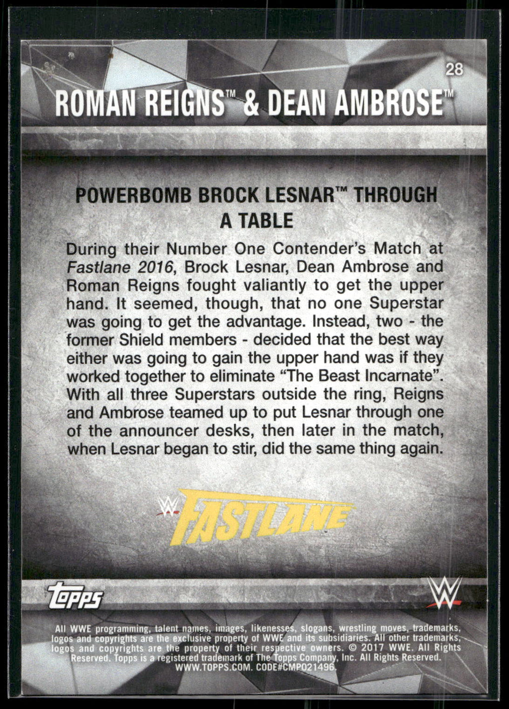 2017 Topps WWE Road To Wrestlemania #28 Roman Reigns / Dean Ambrose Bronze