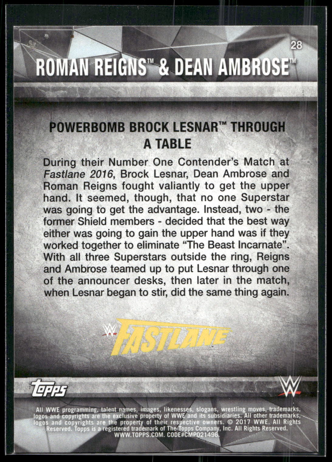 2017 Topps WWE Road To Wrestlemania #28 Roman Reigns / Dean Ambrose Bronze